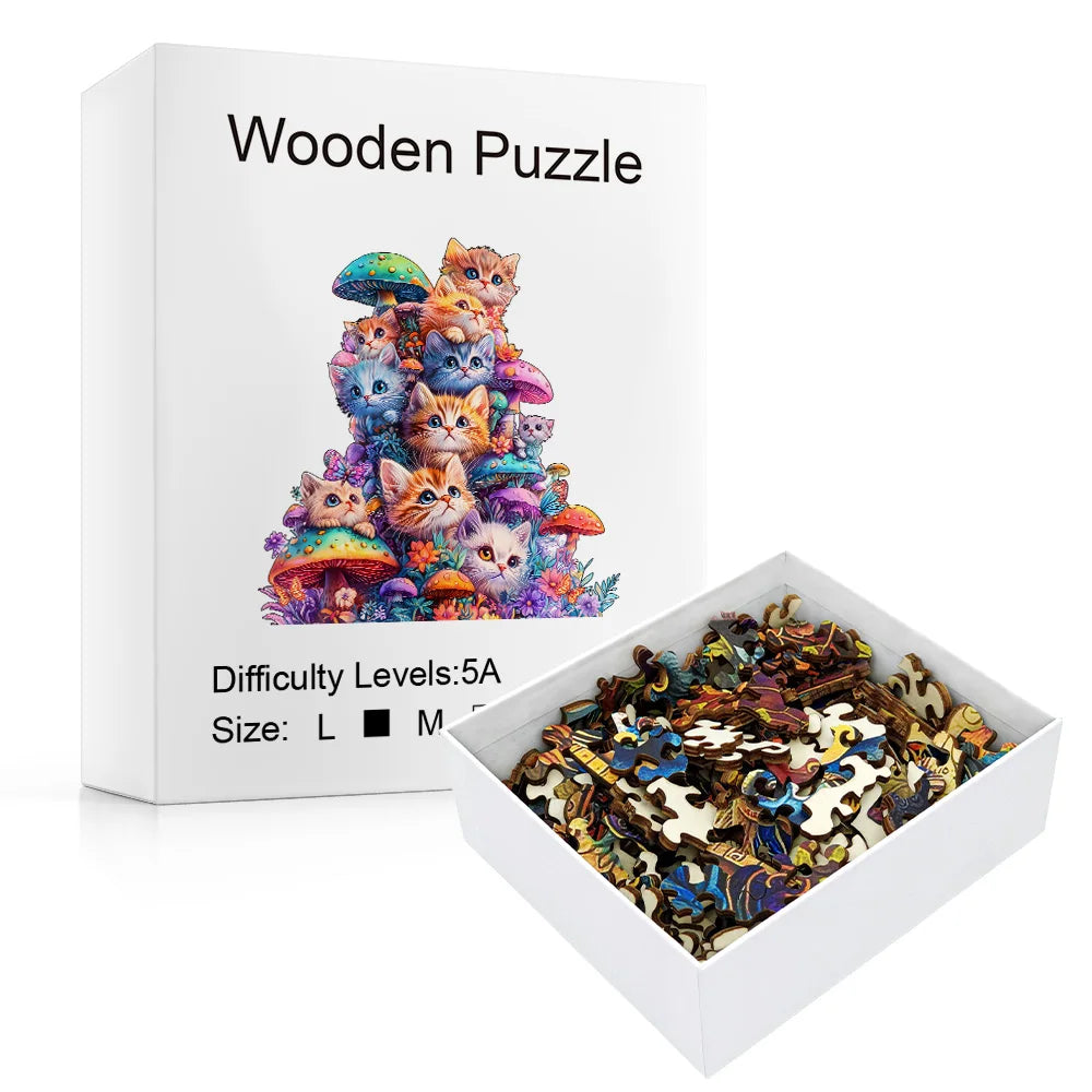 Puzzle en Bois Chattons Mignon 🍄🐱 | Cadeau Irrésistible