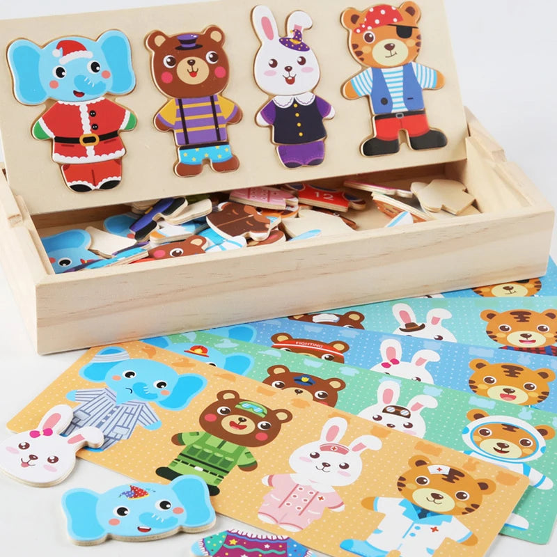 Puzzle Habillage en Bois – Éléphant & Ours à Habiller