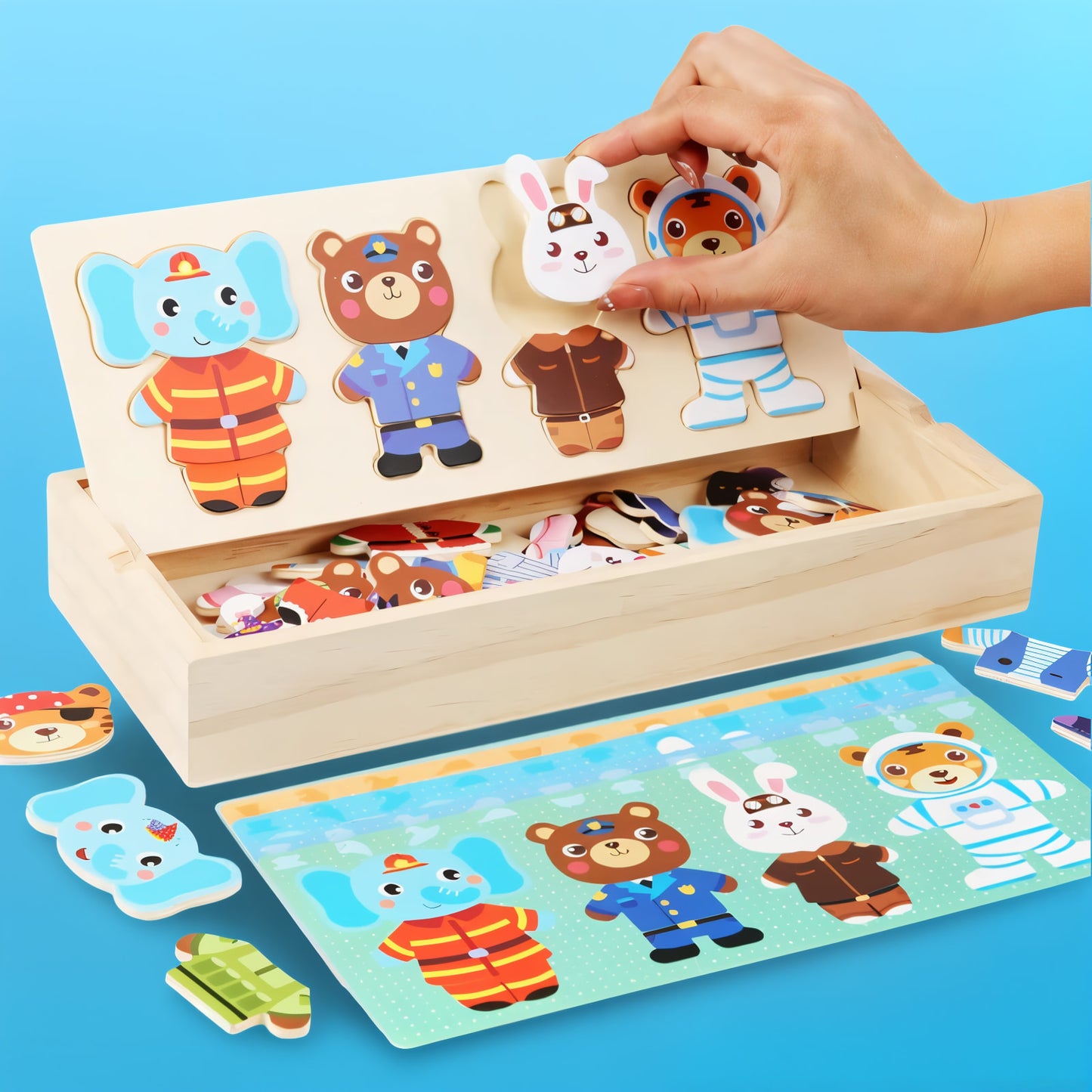 Puzzle Habillage en Bois – Éléphant & Ours à Habiller