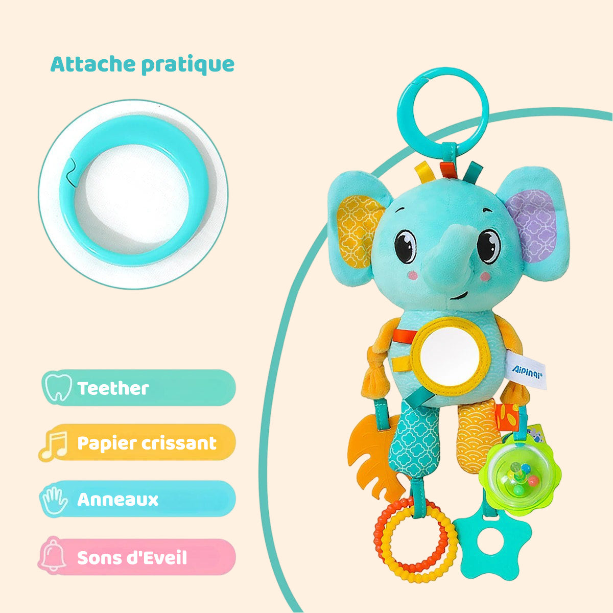 Peluche Sensorielle Suspendu 4-en-1 – Éveil, Dentition & Douceur en Voyage