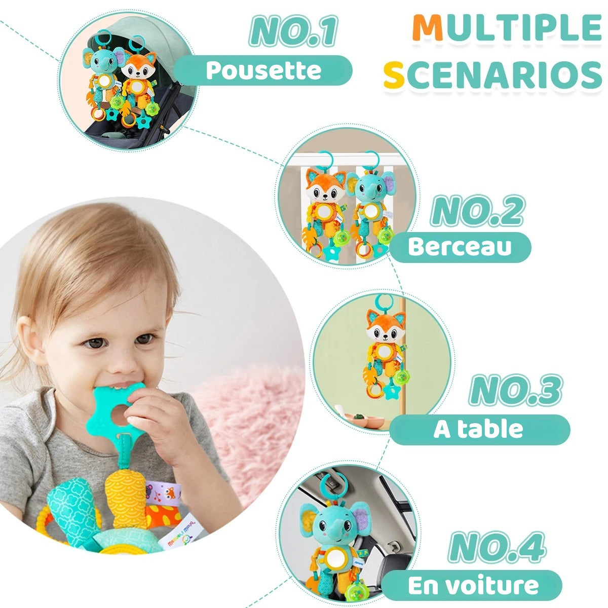 Peluche Sensorielle Suspendu 4-en-1 – Éveil, Dentition & Douceur en Voyage