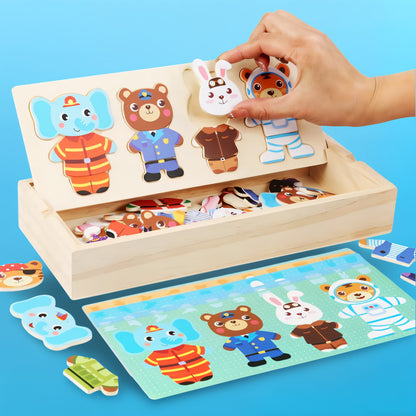 Puzzle Habillage en Bois – Éléphant & Ours à Habiller