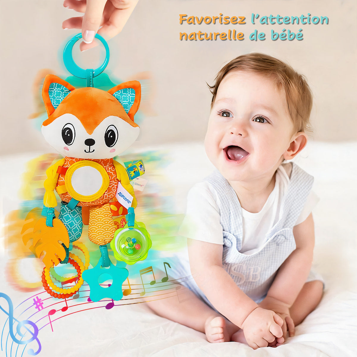 Peluche Sensorielle Suspendu 4-en-1 – Éveil, Dentition & Douceur en Voyage