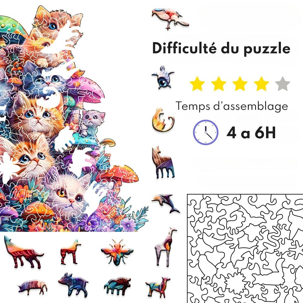 Puzzle en Bois Chattons Mignon 🍄🐱 | Cadeau Irrésistible