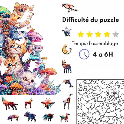 Puzzle en Bois Chattons Mignon 🍄🐱 | Cadeau Irrésistible