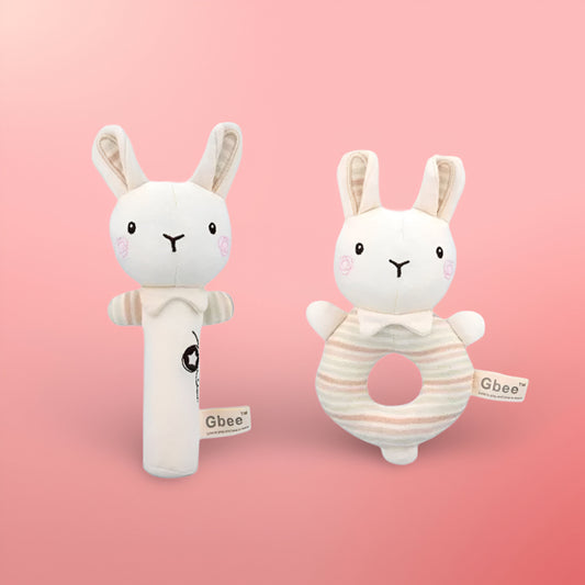 Lot de 2 Hochet Main Bébé en Coton Bio – Jouet Apaisant Doux